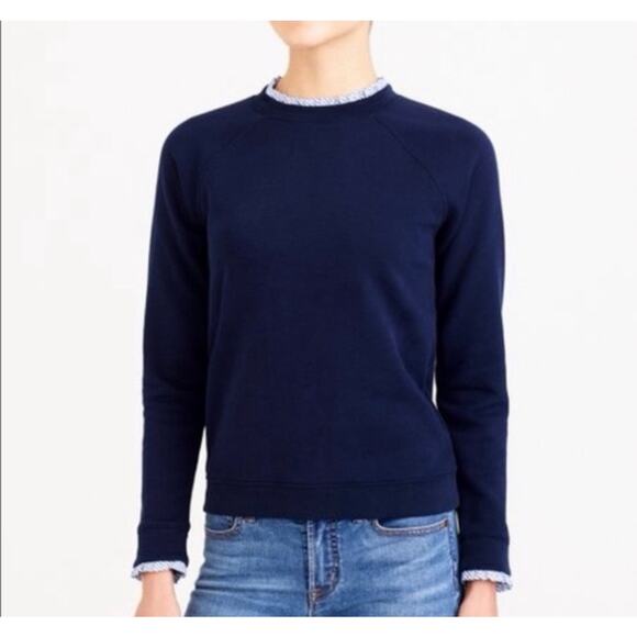 J crew Sweaters - J Crew Ruffle Collar Sweatshirt Navy Blue Small Striped Trim 100% Cotton